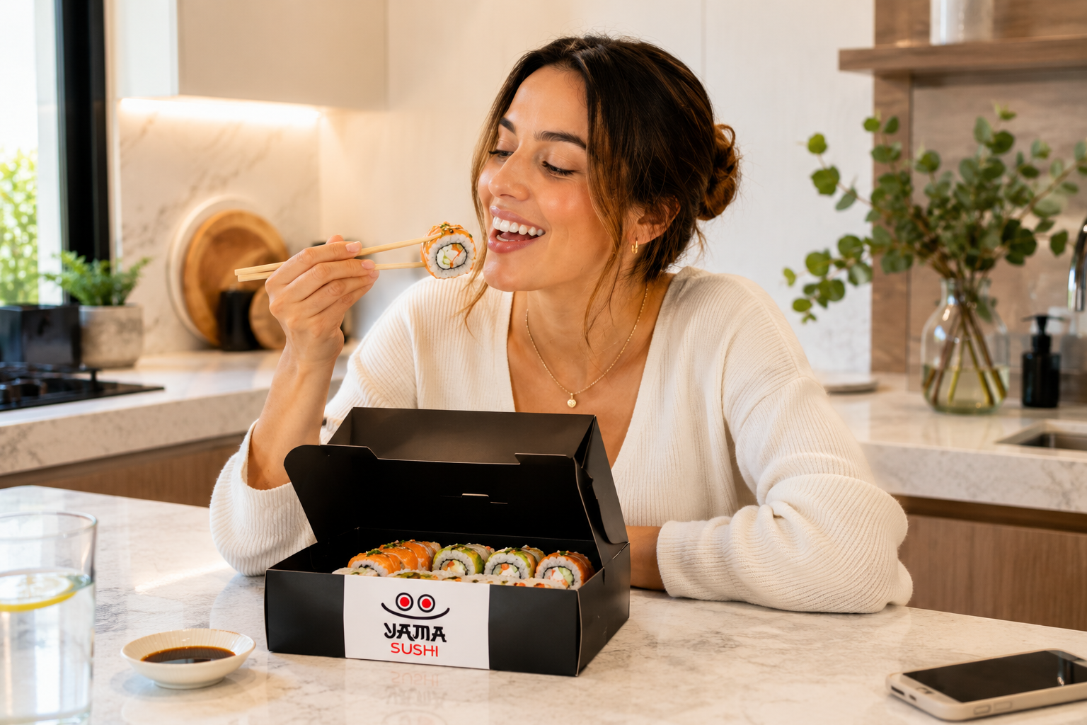 Mujer disfrutando sushi Yamasushi