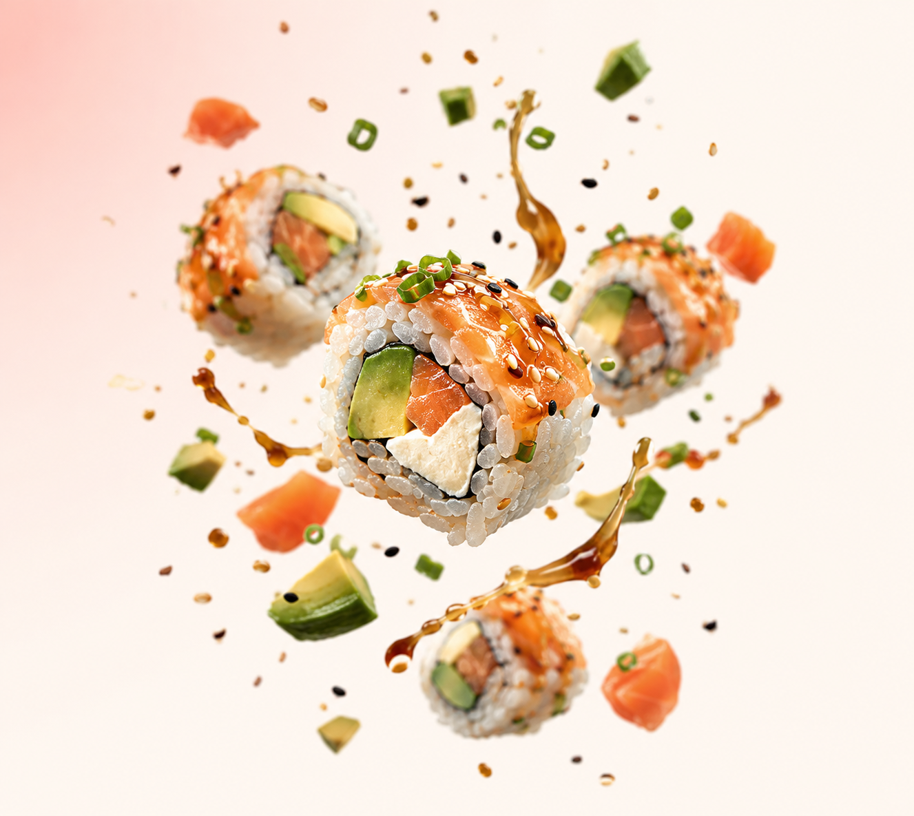 Rollos de sushi flotando